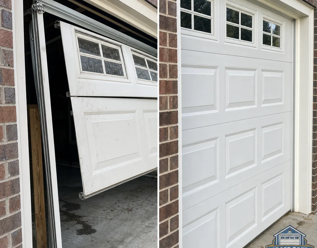 Before-and-after view of an off-track garage door aligned with its rollers properly seated after repair