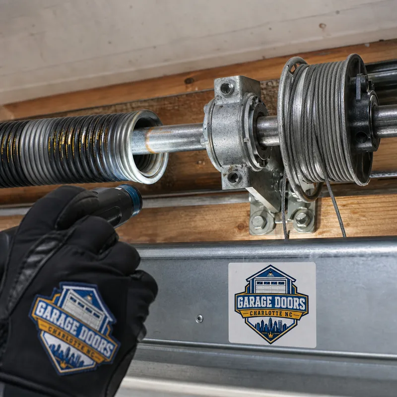 Close-up of a garage door torsion spring, center bearing plate, and cable drum showing common wear points