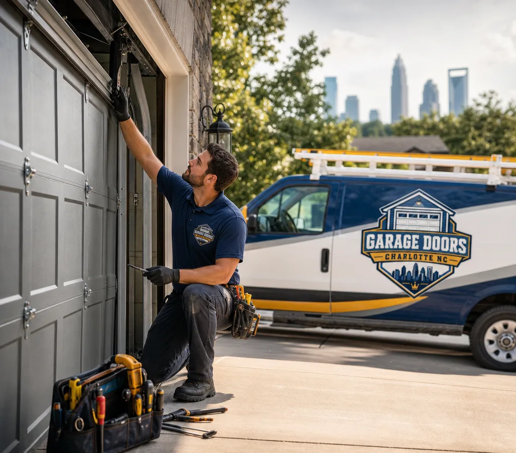 Technician inspecting a sectional garage door and opener rail in a Charlotte driveway with tools arranged safely nearby
