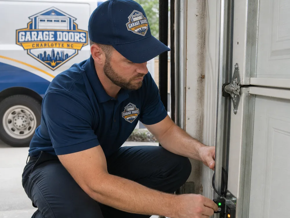 Technician aligning illuminated photo-eye safety sensors at the bottom of a garage door track