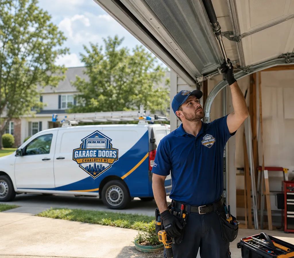 Technician inspecting a residential garage door, torsion spring, tracks, and hardware in a Charlotte driveway