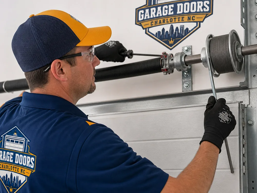 Close-up inspection of a garage door torsion spring, center bearing plate, and cable drums
