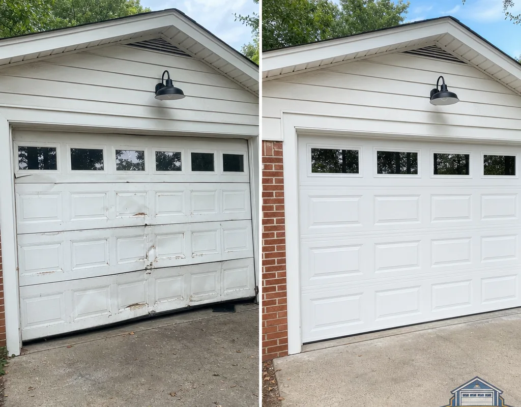 Before-and-after comparison of an older dented garage door and the newly installed replacement