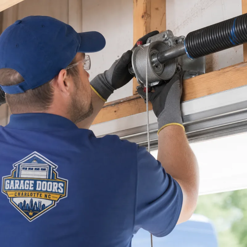 Technician installing torsion spring hardware, cable drum, and lift cable above a garage door opening