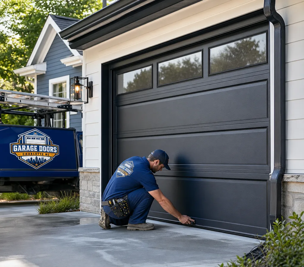 Newly installed modern sectional garage door on a Charlotte home with a technician performing final safety checks