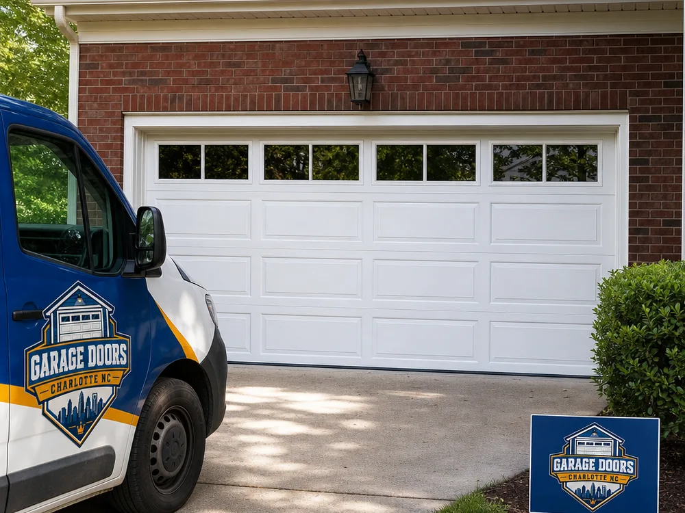 Freshly installed insulated double garage door with top-row windows on a brick home