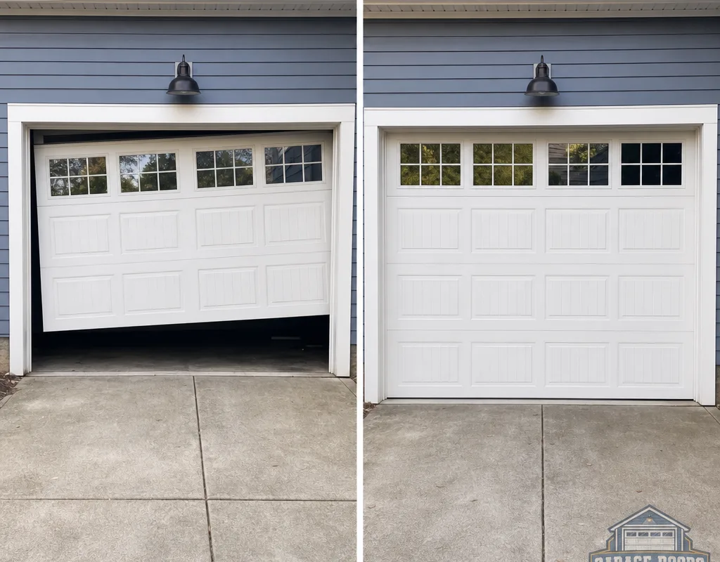 Before-and-after view of a crooked garage door leveled after cable and drum correction