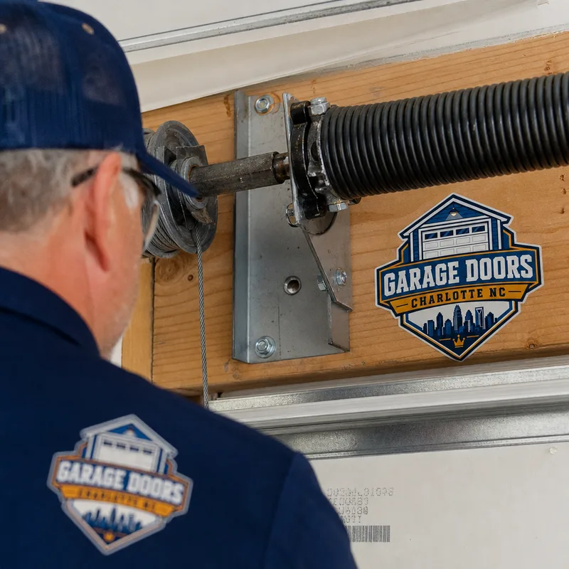 Close-up of a torsion spring, center bearing plate, cable drums, and lift cables during a garage door inspection