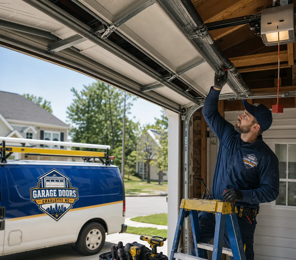 Technician inspecting a sectional garage door, springs, rollers, and opener rail during a Charlotte-area service visit