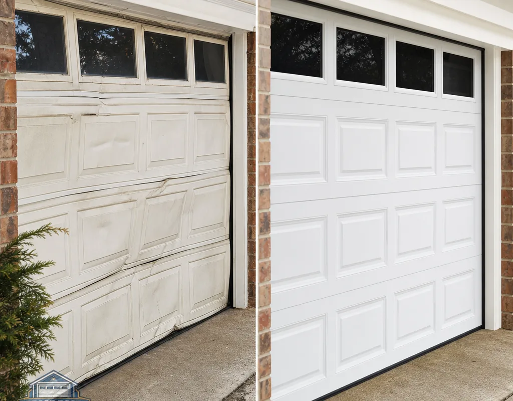 Before-and-after view of a worn sectional door replaced with a new steel door with aligned panels and clean perimeter seals