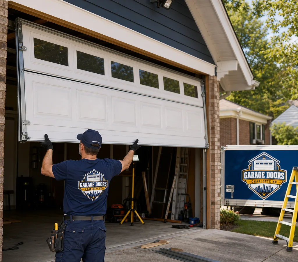 Technician guiding a new sectional garage door into a Charlotte home opening with tracks, rollers, and panels aligned