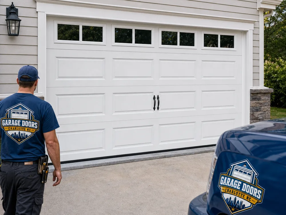 Finished insulated double garage door installation with top-row windows and neatly trimmed exterior weatherstripping