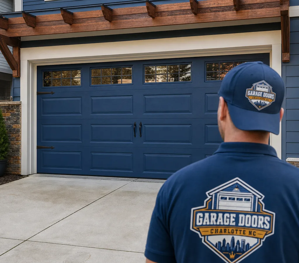 Freshly installed custom garage door on a Charlotte home showing detailed panels, windows, and hardware