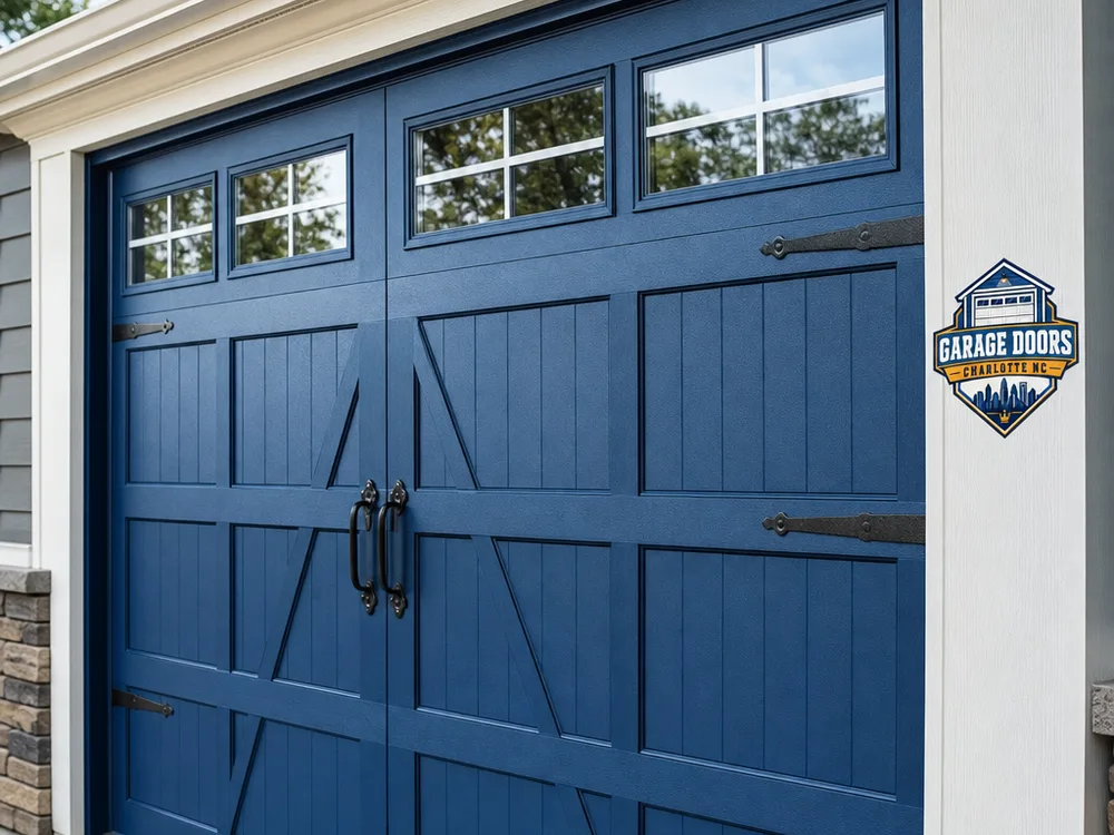 Close-up of a custom carriage-style garage door with decorative hardware, detailed panels, and window inserts
