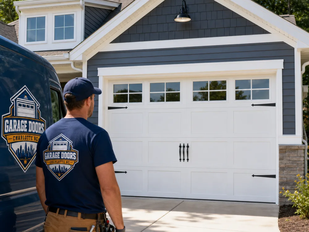 Light carriage-style custom garage door with decorative strap hinges and handles on a traditional exterior