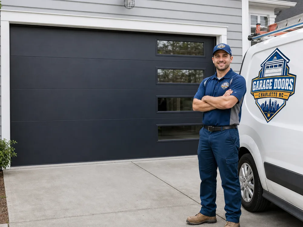 Modern flush-panel custom garage door in a dark finish with narrow horizontal windows