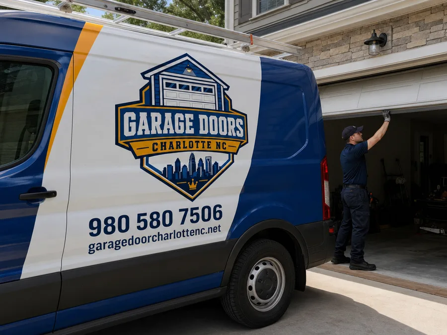 Technician performing final garage door balance testing with the door halfway open