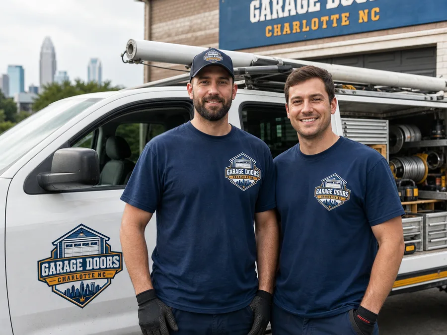 Two-person Charlotte garage door crew beside a service truck with organized tools and replacement parts